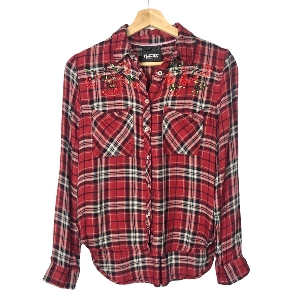 Nanette Lepore Red Floral Beaded Plaid Long Sleeve Button Down Flannel S